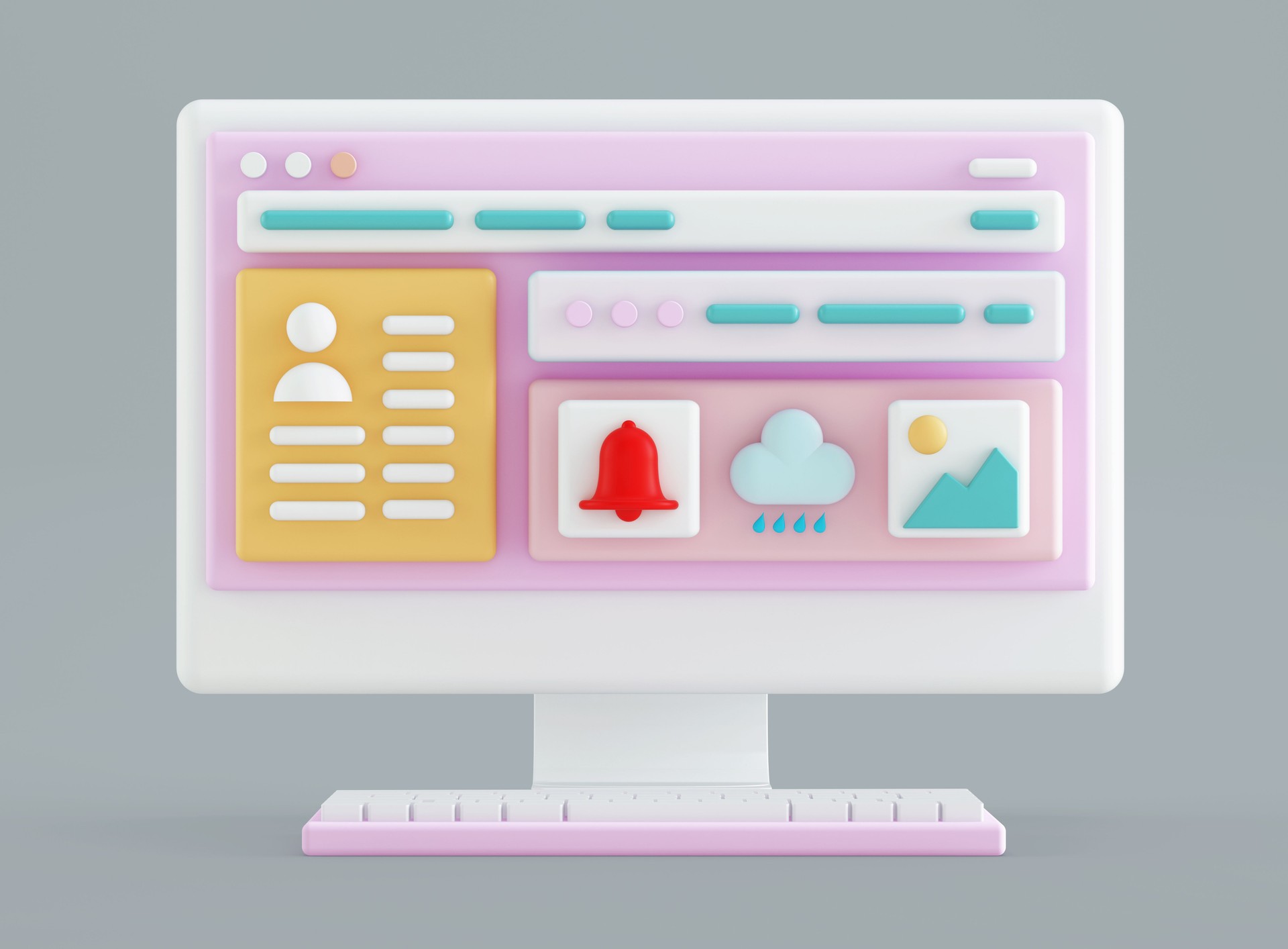 Desktop 3D illustration. Web development and UI design
